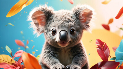A charming koala peers out against a playful background of falling leaves and vibrant colors, capturing the essence of autumn magic