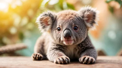 Schilderijen op glas Close-up of a cute koala cub perched on a wooden surface against a blurred background, highlighting its innocence and playfulness © Eightshot Images
