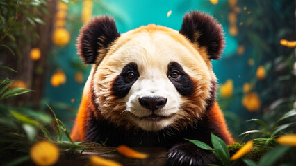 Photo of a charming panda in an enchanted forest with vibrant greenery and yellow oranges around it