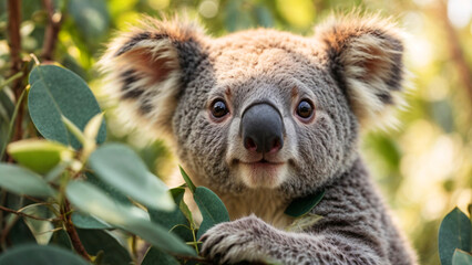 Fototapeta premium This charming photograph captures a koala bear in its natural habitat, an engaging image for wildlife and animal themes