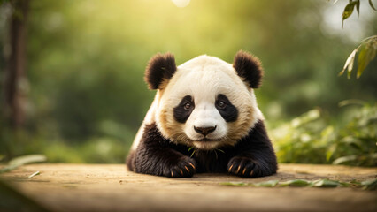 Obraz premium An endearing giant panda lies sprawled on the ground surrounded by green foliage, exuding tranquility and contentment