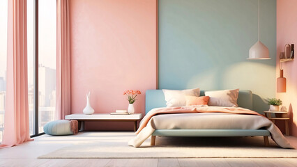 A serene, modern bedroom with pastel-colored walls and minimalist design promotes tranquility and relaxation
