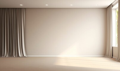 Empty room with blank cream white wall, black blackout curtain window, baseboard in sunlight, shadow on for luxury interior design, renovation, home appliance product space, Generative AI - obrazy, fototapety, plakaty