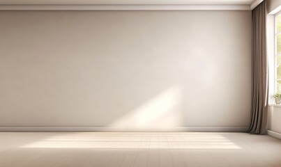Empty room with blank cream white wall, black blackout curtain window, baseboard in sunlight, shadow on for luxury interior design, renovation, home appliance product space, Generative AI
