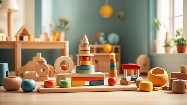 This image features a variety of colorful wooden play toys artfully arranged on a desk