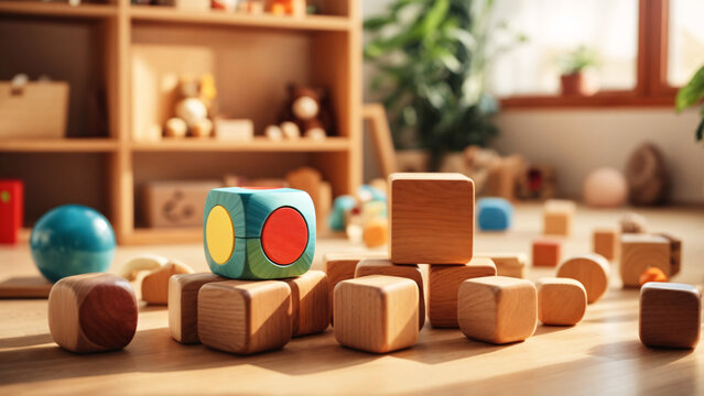 Vibrant wooden toy blocks scattered on the floor, capturing the essence of childhood creativity and learning