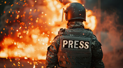 War reporter concept image with back of a reporter with written press in front of explosion and fire