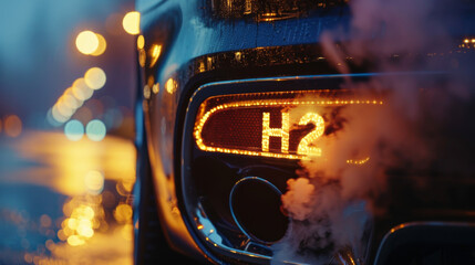 Hydrogen car concept image with back view of a car written H2 making water vapor