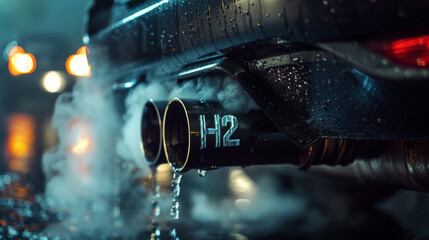 Hydrogen car concept image with back view of a car written H2 making water vapor