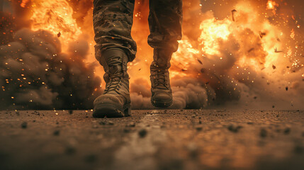 Soldier boots view with fire explosion in background representing war front