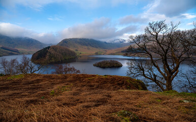 Haweswater reservoir photo taken from the road with the iconic little island as a feature in the Lake District, Cumbria, England