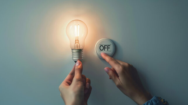 Energy saving concept image with a switch off button and a light bulb