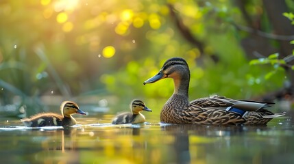 duck and ducklings - obrazy, fototapety, plakaty