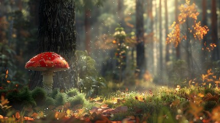 red mushroom in autumn forest - obrazy, fototapety, plakaty