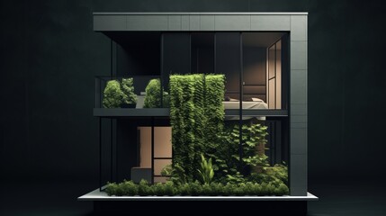 Stylized eco-friendly house covered in lush green ivy vines - sustainable eco architecture concept