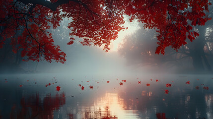 A misty lake, with reflections of crimson leaves dancing on the water's surface as the background, during the tranquil dawn of autumn