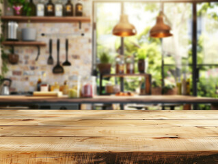 Wooden rustic texture table top on blurred kitchen. For product display or design key visual layout. Moack-up for product display or showcase or montage items / foods