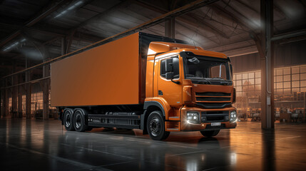 Modern orange truck in warehouse. Transportation and logistics concept.