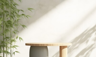 Minimal wooden pedestal side table podium, green bamboo foliage in sunlight, leaf shadow on white natural stone wall for luxury organic cosmetic, body care, beauty product, Generative AI
