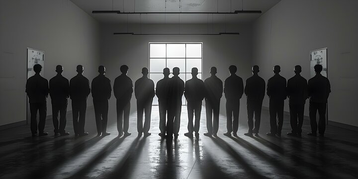 Inmates in a row standing for attendance check in a facility. Concept Incarceration, Correctional Facility, Prison Life, Rehabilitation, Inmate Social Structure