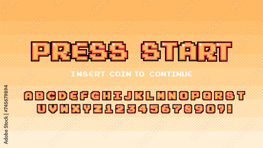 Aufkleber retro font and numbers. video computer game design 8 bit . vector alphabet