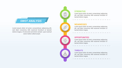 SWOT Analysis Timeline Infographic with 4 Steps and Editable Text on a 16:9 Layout for Business Presentations, Management, and Evaluation.