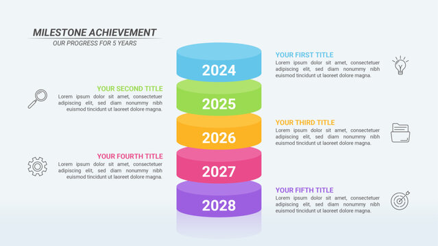 Cylinder Infographic Timeline with 5 Steps and Editable Text on a 16:9 Layout for Business Presentations, Management, and Evaluation.