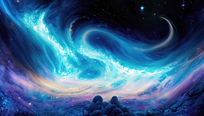 A dreamy, celestial landscape of swirling galaxies, painted in a vibrant, azure hue - obrazy, fototapety, plakaty