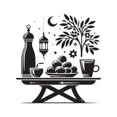 Ramadan Reflections: Black Vector Silhouette of Dates and Water - Embodying the Spirit of Peace, Blessings, and Spiritual Renewal.