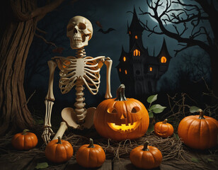 Skeleton Jack surrounded by halloween decor pumpkin Jack-O-Lantern
