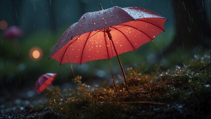 Red Umbrella on Moss Covered Ground