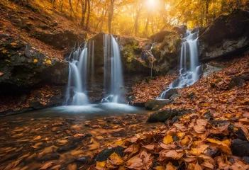 Crédence de cuisine en verre imprimé Rivière forestière waterfall in autumn forest