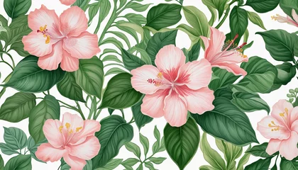 Gordijnen Bouquet border - green leaves and blush pink flowers © Fukurou
