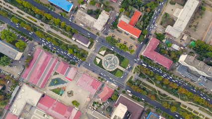 Krasnodar, Russia - August 27, 2020: Alexandrovsky Boulevard. Monument to the Holy Great Martyr Catherine with a fountain. Triumphal Arch. Aerial view, Aerial View