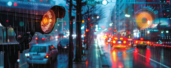Rainy City Surveillance at Night.
Security camera on a wet urban street at night with vibrant traffic lights and digital overlays.