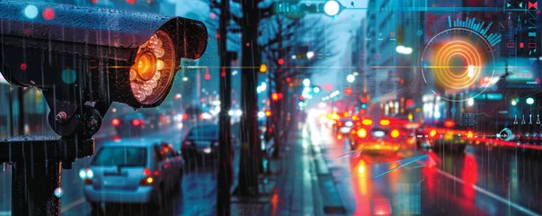 Foto op Aluminium Rainy City Surveillance at Night. Security camera on a wet urban street at night with vibrant traffic lights and digital overlays. © AI Visual Vault