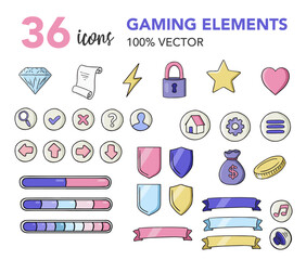 Set of gaming elements design, collection of colorful gaming elements