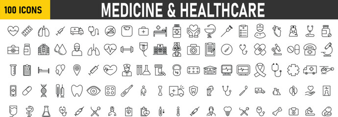 Set of 100 Medical and Healthcare web icons in line style. Medicine, check up, doctor, dentistry, pharmacy, lab, scientific discovery, collection. Vector illustration.