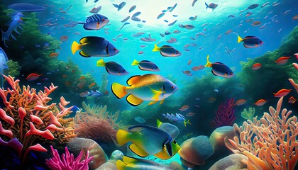 Fototapeta na wymiar A technicolor school of fish weaves through a lush, tropical underwater paradise