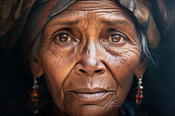 Portrait of an elderly dark-skinned African woman with sad eyes and deep wrinkles. Close-up.