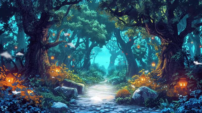 Enchanting fantasy forest illuminated by ethereal blue light, casting a mystical glow on the ancient trees and magical f Seamless looping 4k time-lapse virtual video animation background. Generated AI