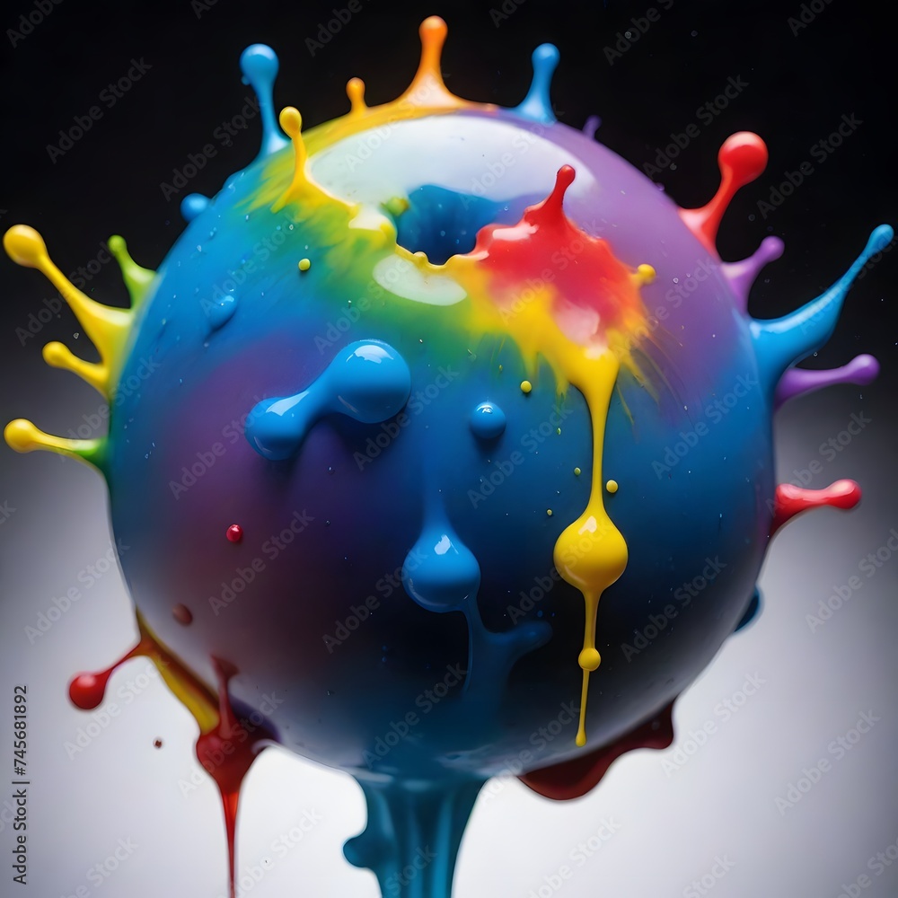 Poster a vibrant sphere explodes with a rainbow of paint splashes against a dark background. the dynamic co