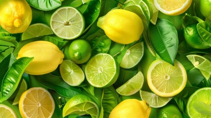 Lemons and limes with green leaves on a green background Creative food summer citrus fruits banner...