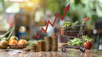 An image depicting the concept of rising food costs, with a shopping cart filled with groceries and price tags showing high amounts, symbolizing the increasing financial burden on consumers.