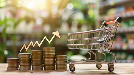 An image depicting the concept of rising food costs, with a shopping cart filled with groceries and price tags showing high amounts, symbolizing the increasing financial burden on consumers.