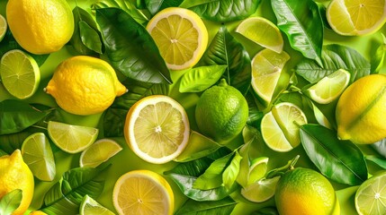 Lemons and limes with green leaves on a green background Creative food summer citrus fruits banner panorama wallpaper, seamless pattern texture, Top view of many fresh lemons