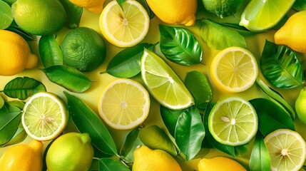 Lemons and limes with green leaves on a green background Creative food summer citrus fruits banner...