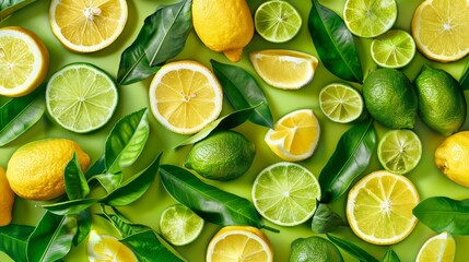 Lemons and limes with green leaves on a green background Creative food summer citrus fruits banner...