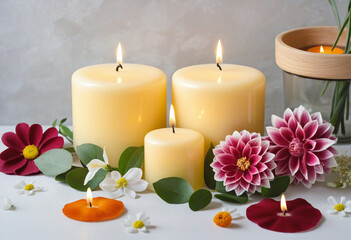Composition with handmade candles and dahlias