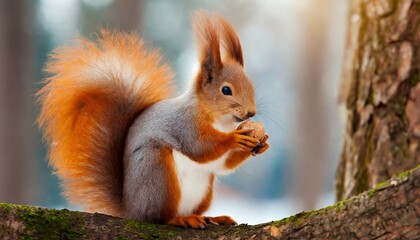 Naklejka na ściany i meble A cute squirrel holding a nut, forest animal
